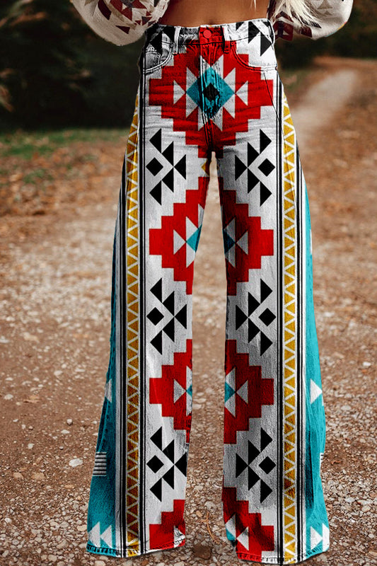 Turquoise Contrast Aztec Wide-Leg Pants