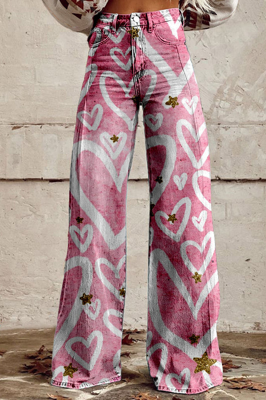 Pink Valentine's Day Heart Wide Leg Pants