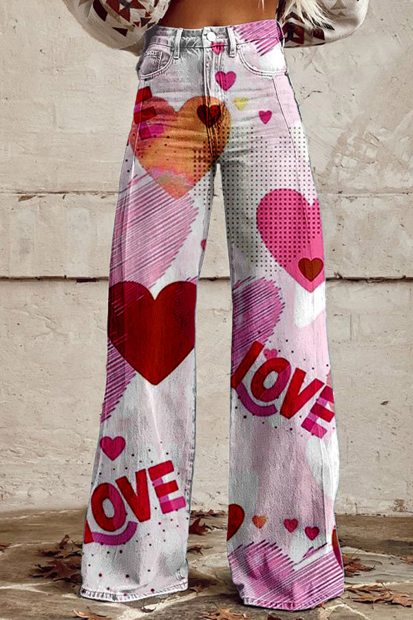 Valentine's Day Love Heart Wide Leg Pants