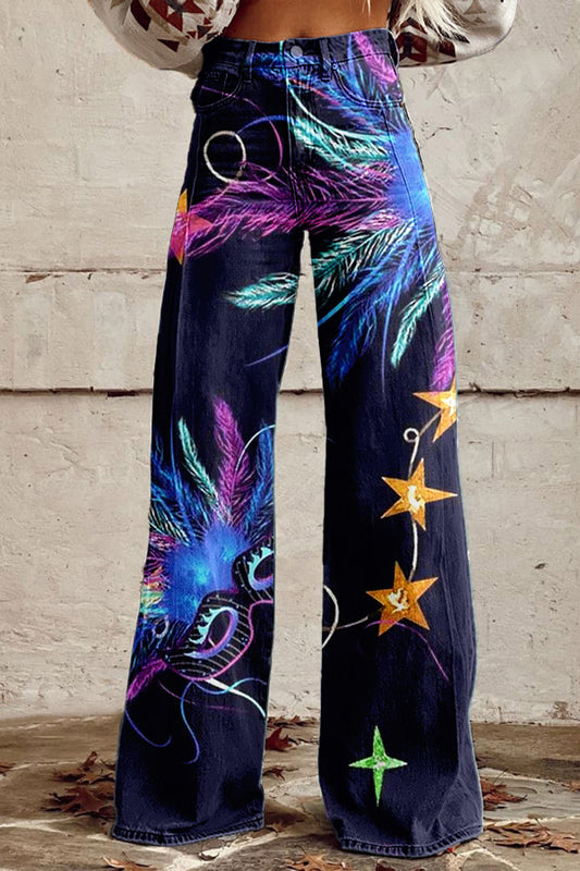 Carnival Mask Feather Star Wide Leg Pants