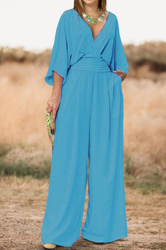 V-Neck Bell Sleeve Wide Leg Jumpsuit