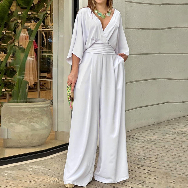 V-Neck Bell Sleeve Wide Leg Jumpsuit