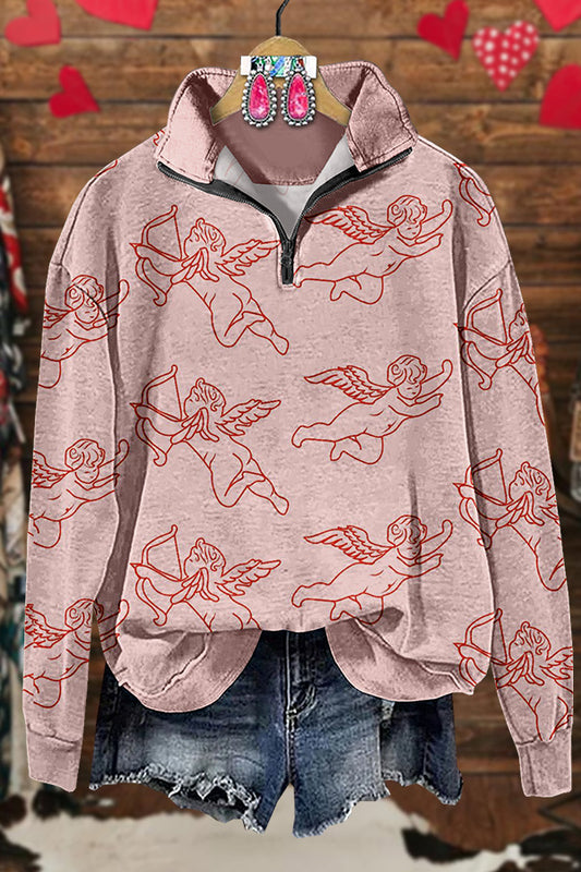 Valentine's Day Cupid Print Zip Sweatshirt