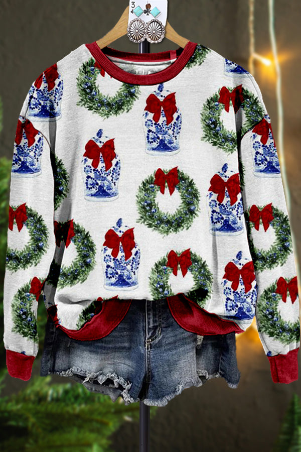 Classic Contrast Color Christmas Print Sweatshirt