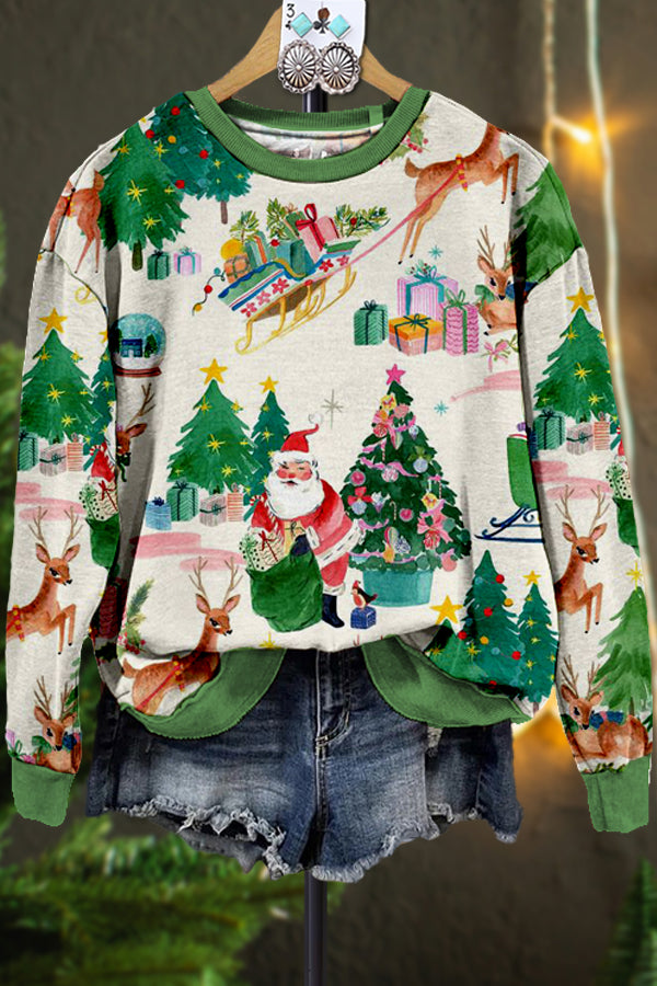 Classic Contrast Color Christmas Print Sweatshirt