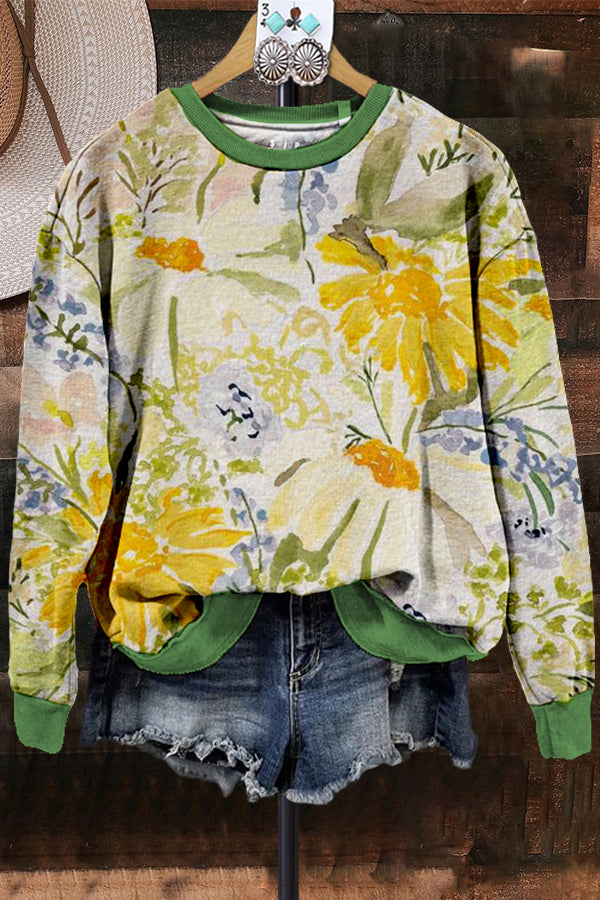 Classic Contrast Color Flower Print Sweatshirt