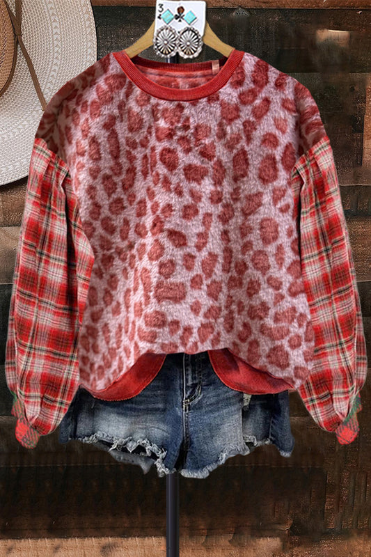 Vintage Leopard Print Plaid Contrast Color Sweatshirt