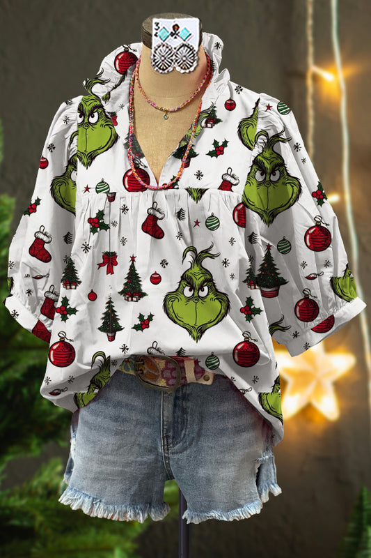 Elegant Contrast Grinch Print Top