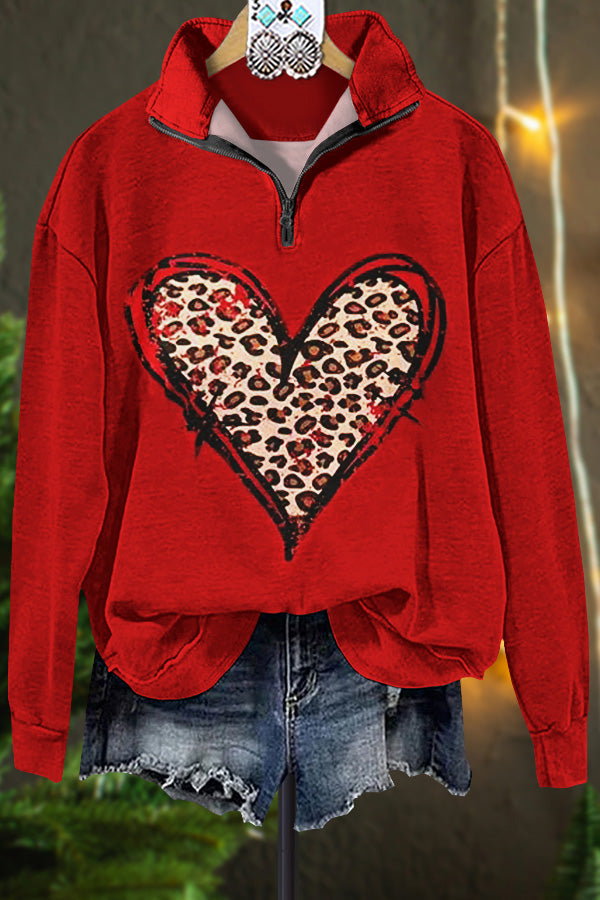 Classic Contrast Leopard Print Heart Valentine's Day Sweatshirt