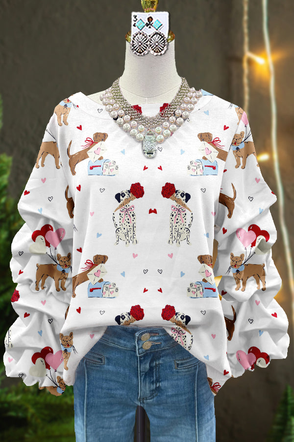 Elegant Contrast Color Dog Heart Print Blouse