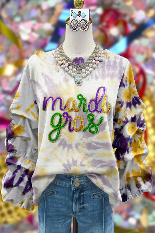 Elegant Ruffled Contrast Color Mardi Gras Sweatshirt