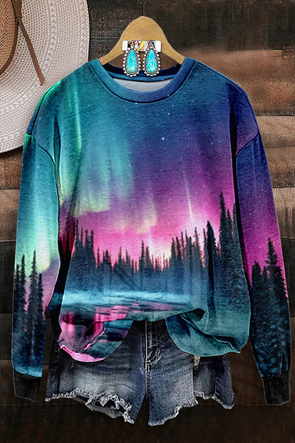 Northern Lights In Alaska Landscapes Long Sleeve Sweatshirt