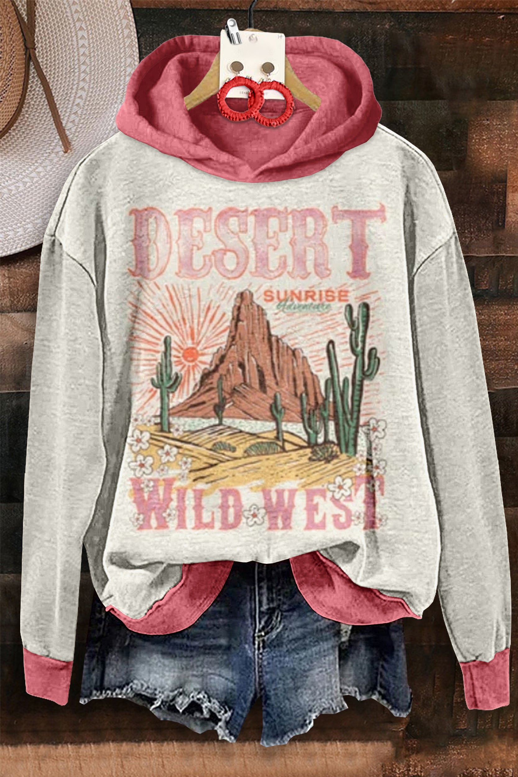 Cactus Letter Printed Hooded Sweatshirt