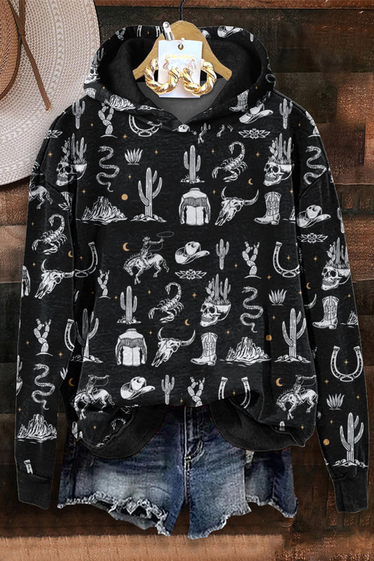 Retro Cactus Print Hooded Sweatshirt