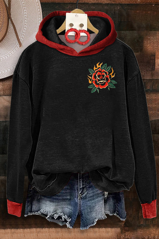 Vintage Rose Print Hooded Sweatshirt