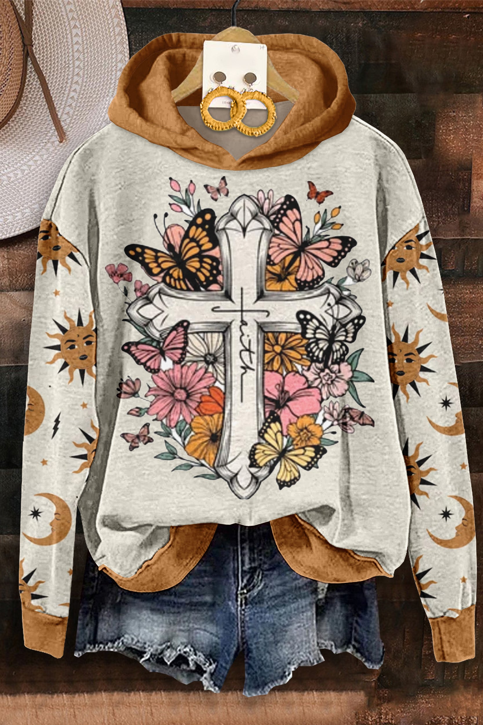 Mystical Cross Butterfly Print Hooded Sweatshirt