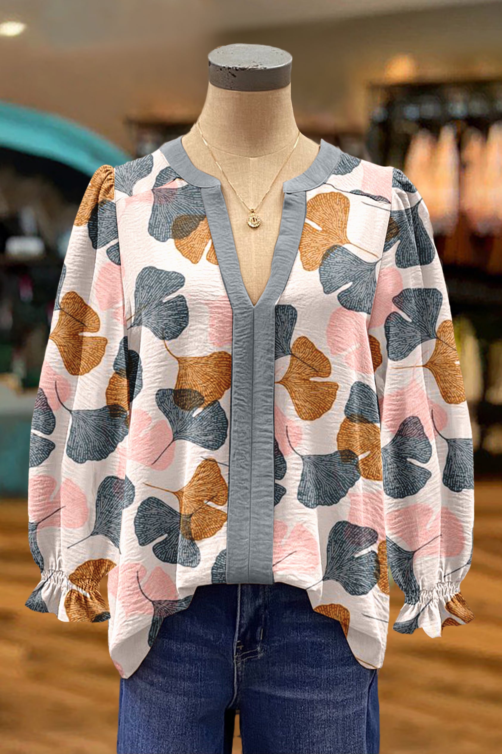 Ginkgo Leaf Print Blouse