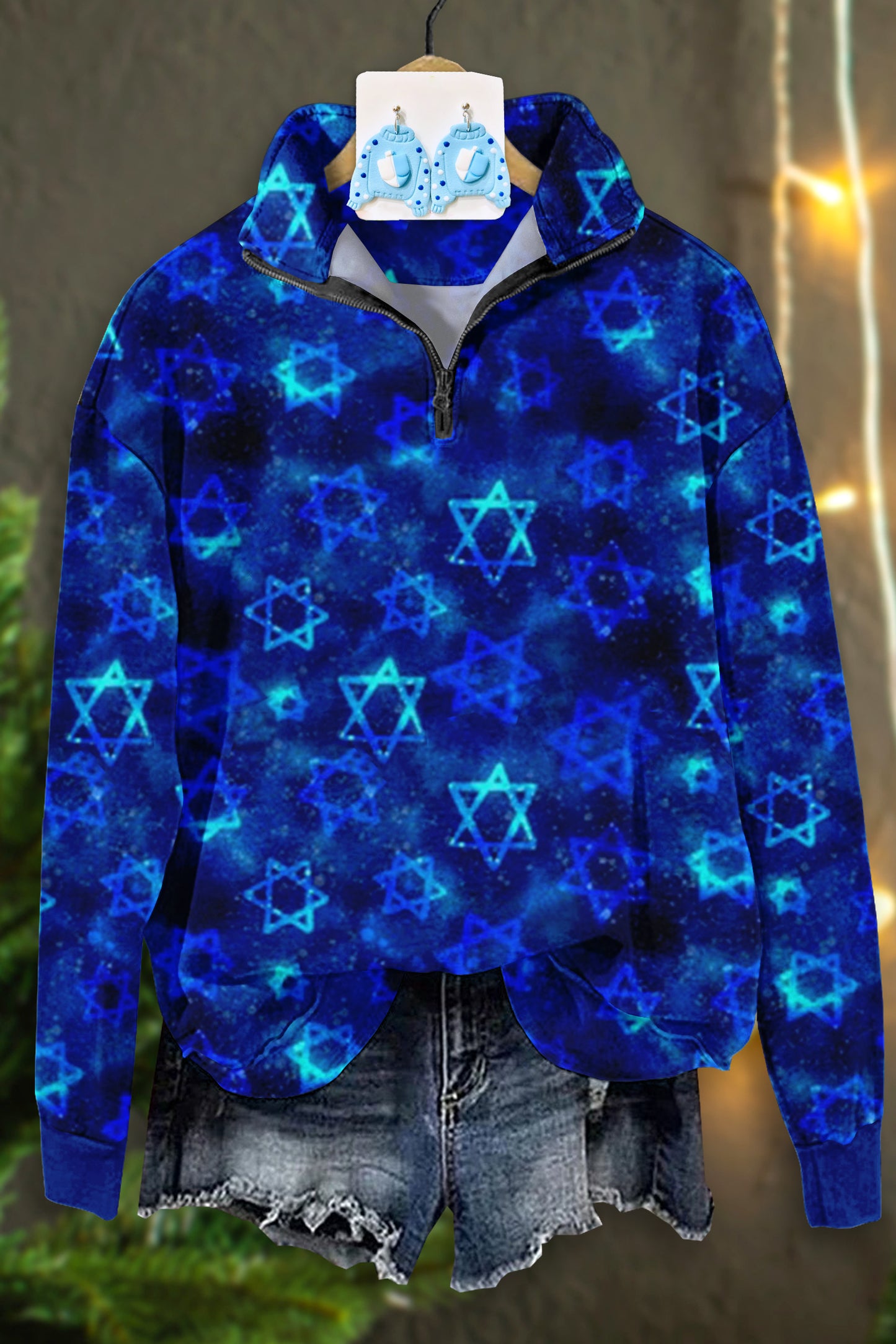 Playful Blue Star of David Zipper Sweatshirt