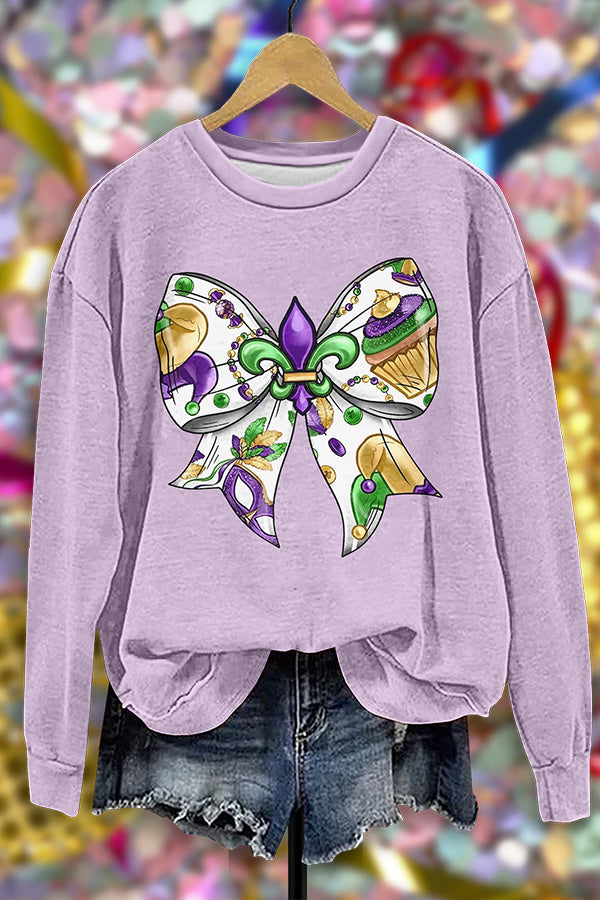 Loose Bow Print Mardi Gras Sweatshirt