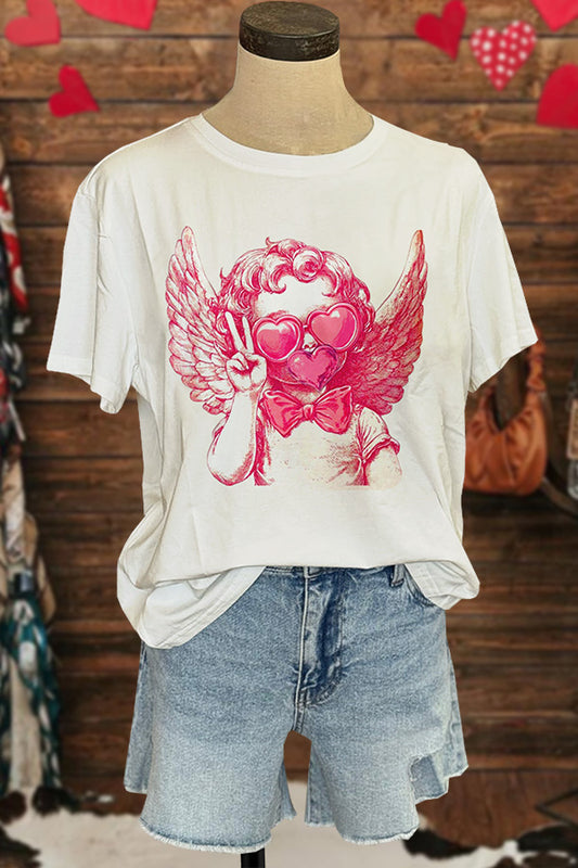 Retro Valentine's Day Cupid Blowing Bubbles Printed T-Shirt