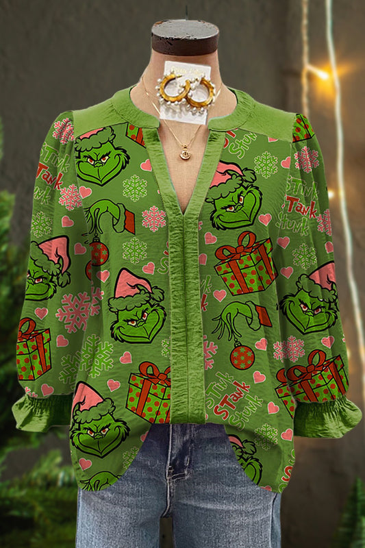 V-neck Grinch Christmas Print Puff Sleeve Top