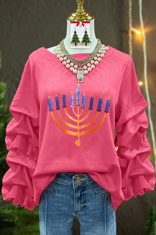 Hanukkah Sequin Pleated Long Sleeve Sweatshirt