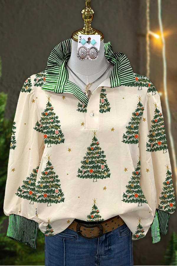 Christmas Tree Print Patchwork Striped Top