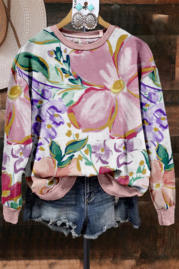 Vintage Contrast Color Floral Print Sweatshirt