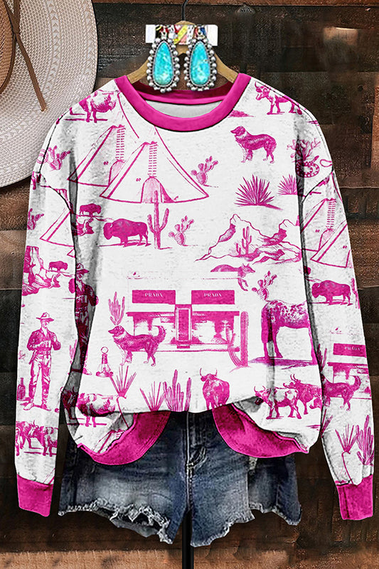 Retro Western Scene Lifestyle Print Sweatshirt