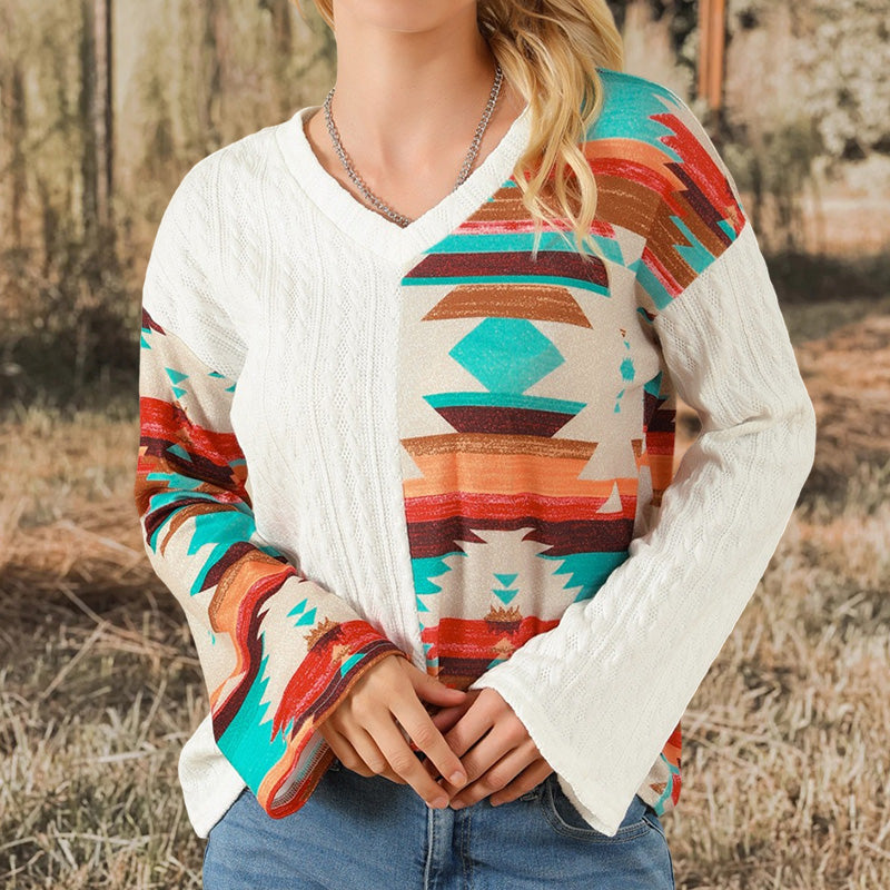 Vintage Aztec Graphic Print Long-Sleeved Sweater