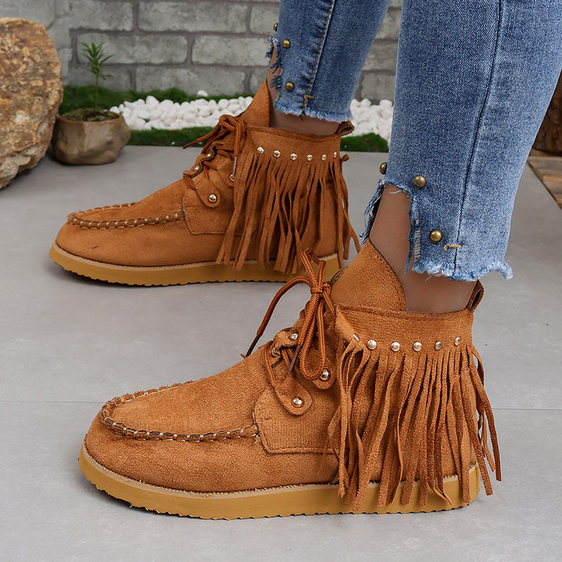 Fringed Lace-up Suede Boots