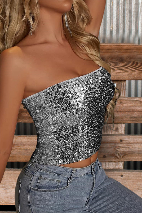 Sexy Solid Sequin Tube Top