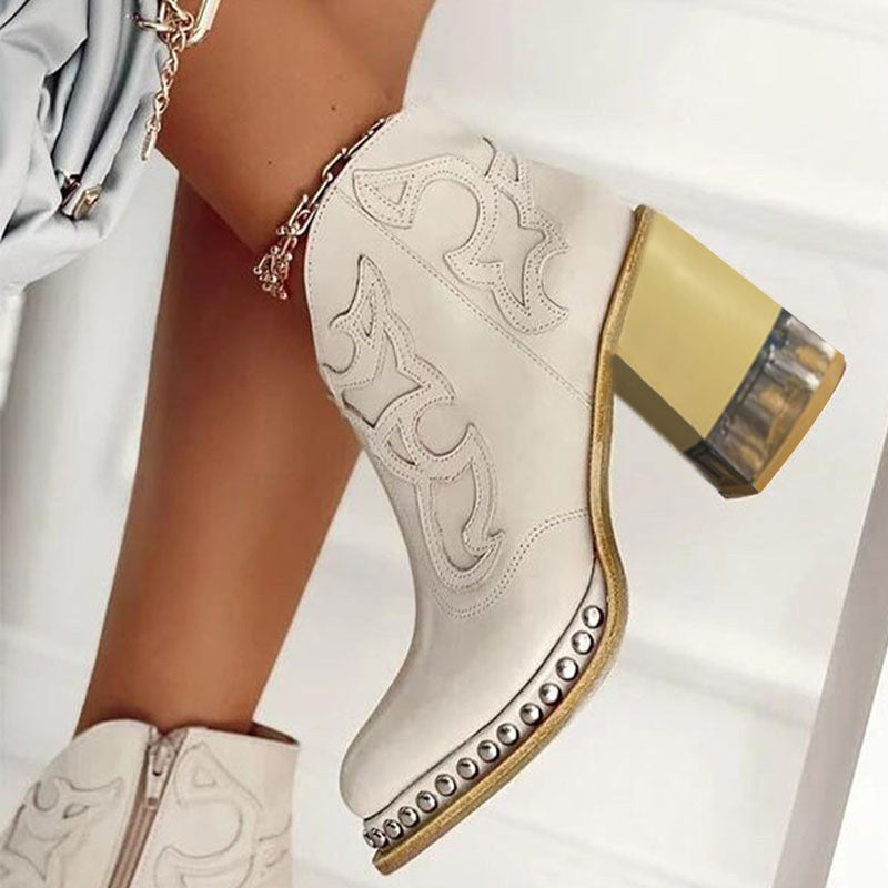 Embroidered Thick Heel Sewing Rivets Ankle Boots