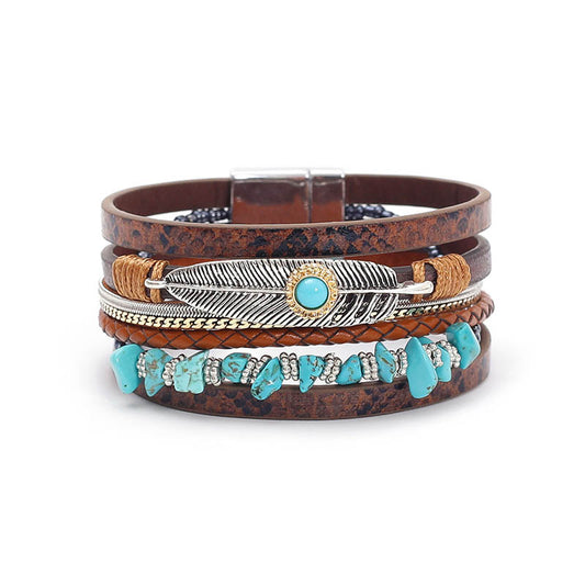 Boho Gravel Feather Leather Bracelet