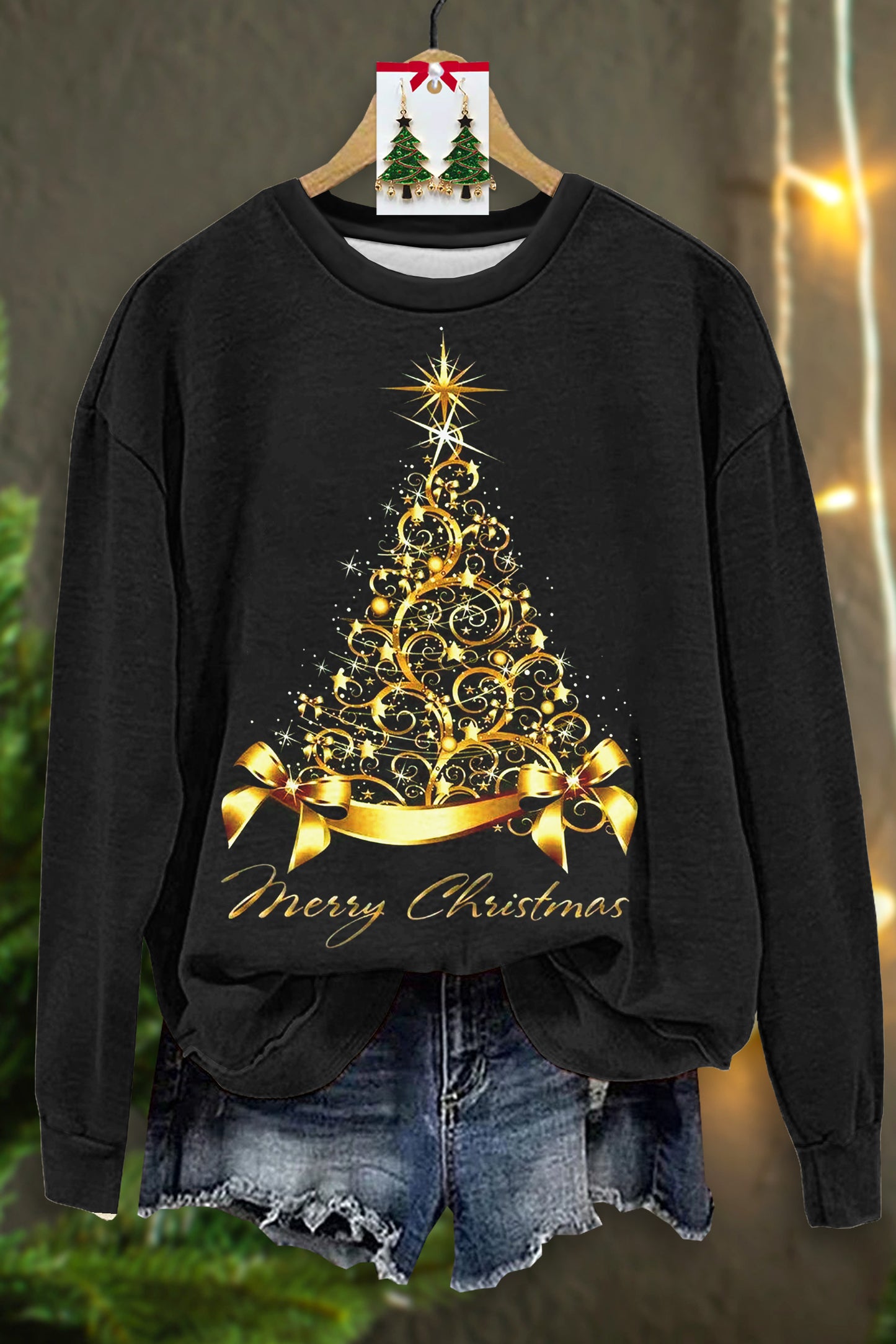 Casual Glitter Christmas Tree Print Long Sleeve Top