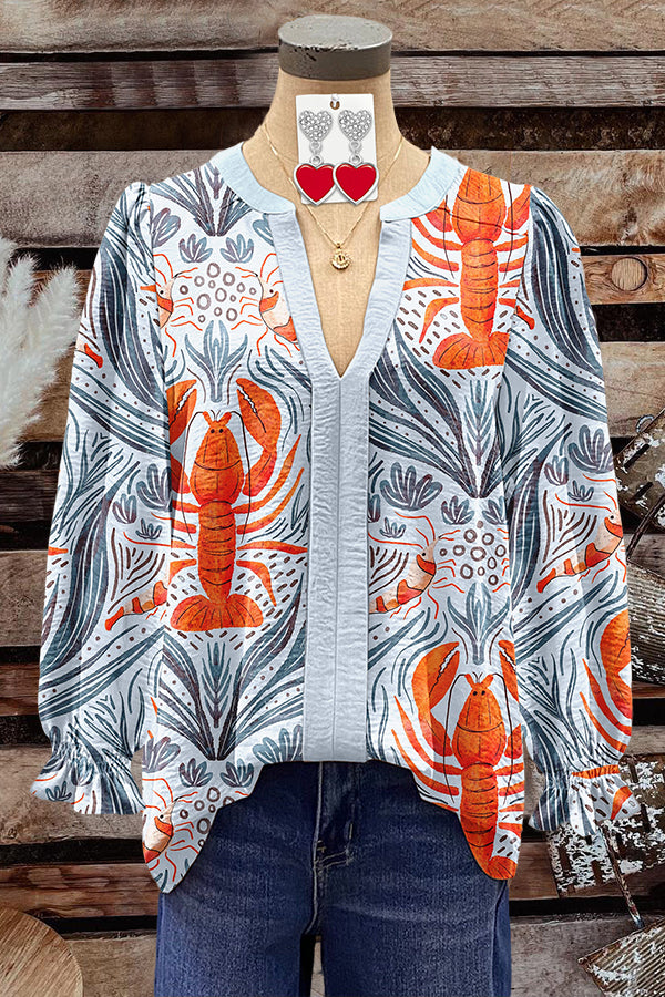 V-Neck Crayfish Print Shirt