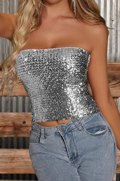 Sexy Solid Sequin Tube Top