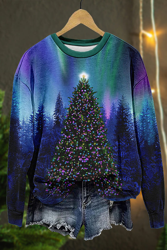 Unique Aurora Christmas Tree Print Sweatshirt