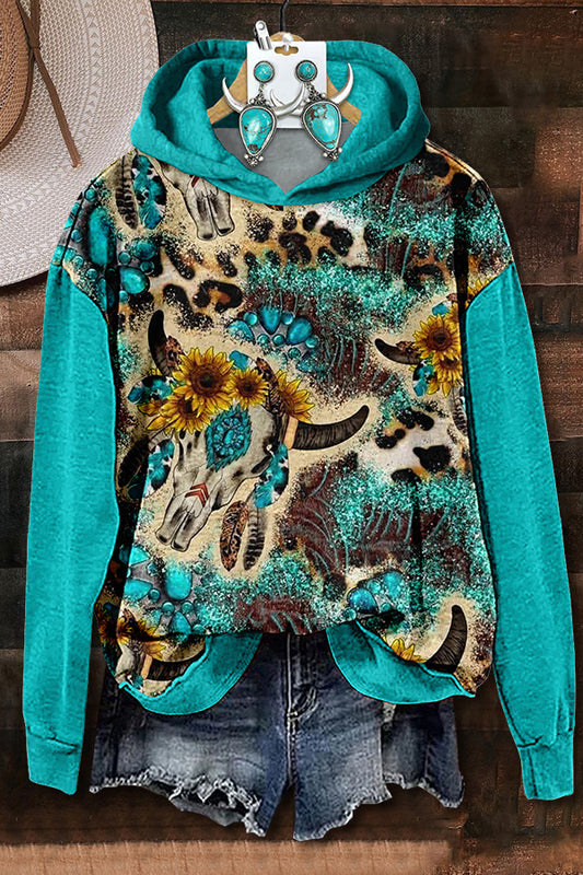 Bull Head Turquoise Leopard Print Hoodie