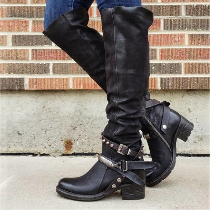 Belt Buckle Chunky Heel Boots