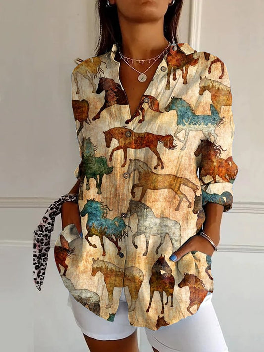 Women's Vintage Western Horse Print Casual Long Sleeve Shirt