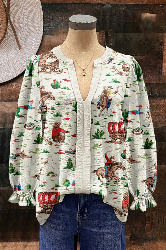 Classic Western Cowboy Print Puff Sleeve Top