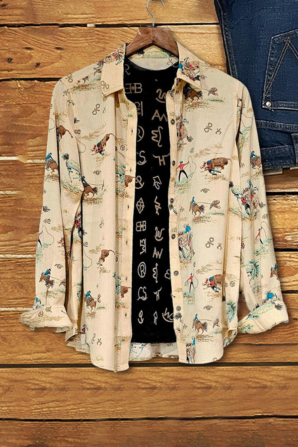 Western Retro Print Button-Down Shirt