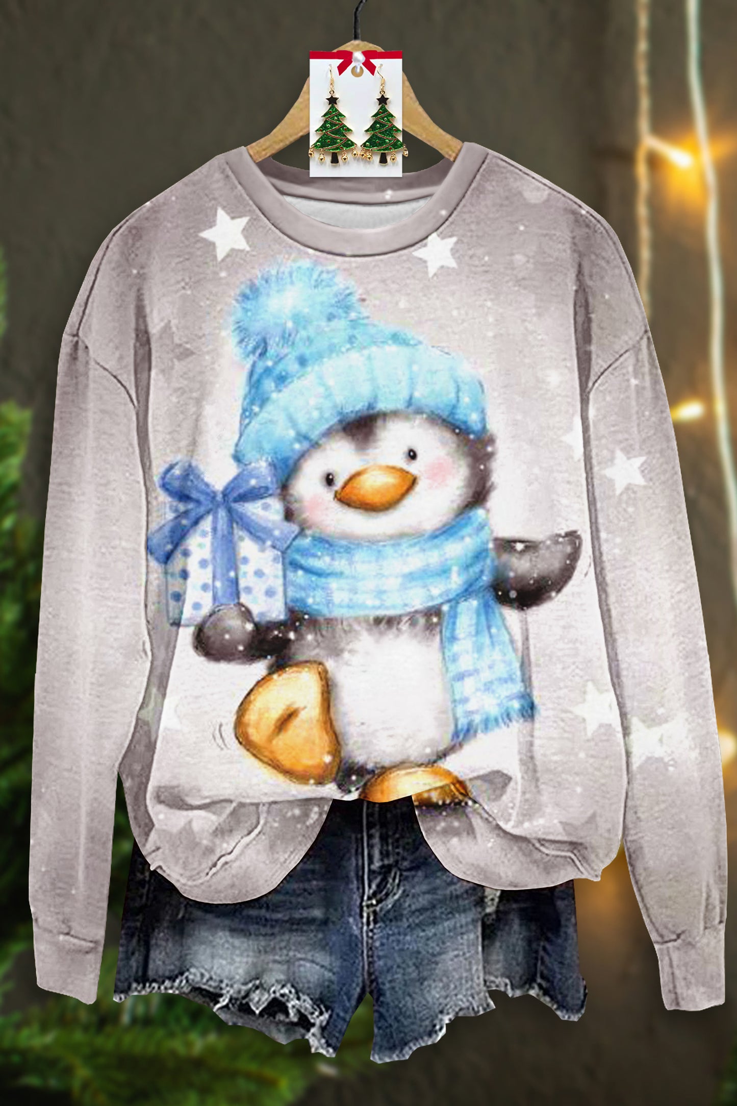 Casual Christmas Penguin Print Long Sleeve Top