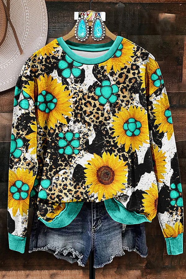 Vintage Western Sunflower Leopard Print Sweatshirt