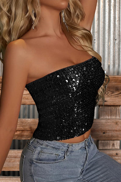 Sexy Solid Sequin Tube Top