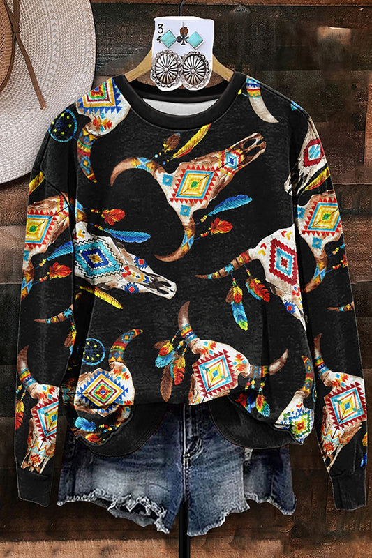 Retro Western Aztec Bull Head Print Sweatshirt