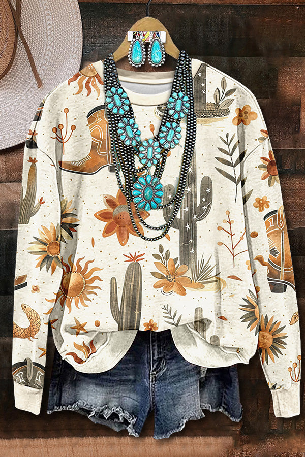 Western Boots Cactus Print Sweatshirt