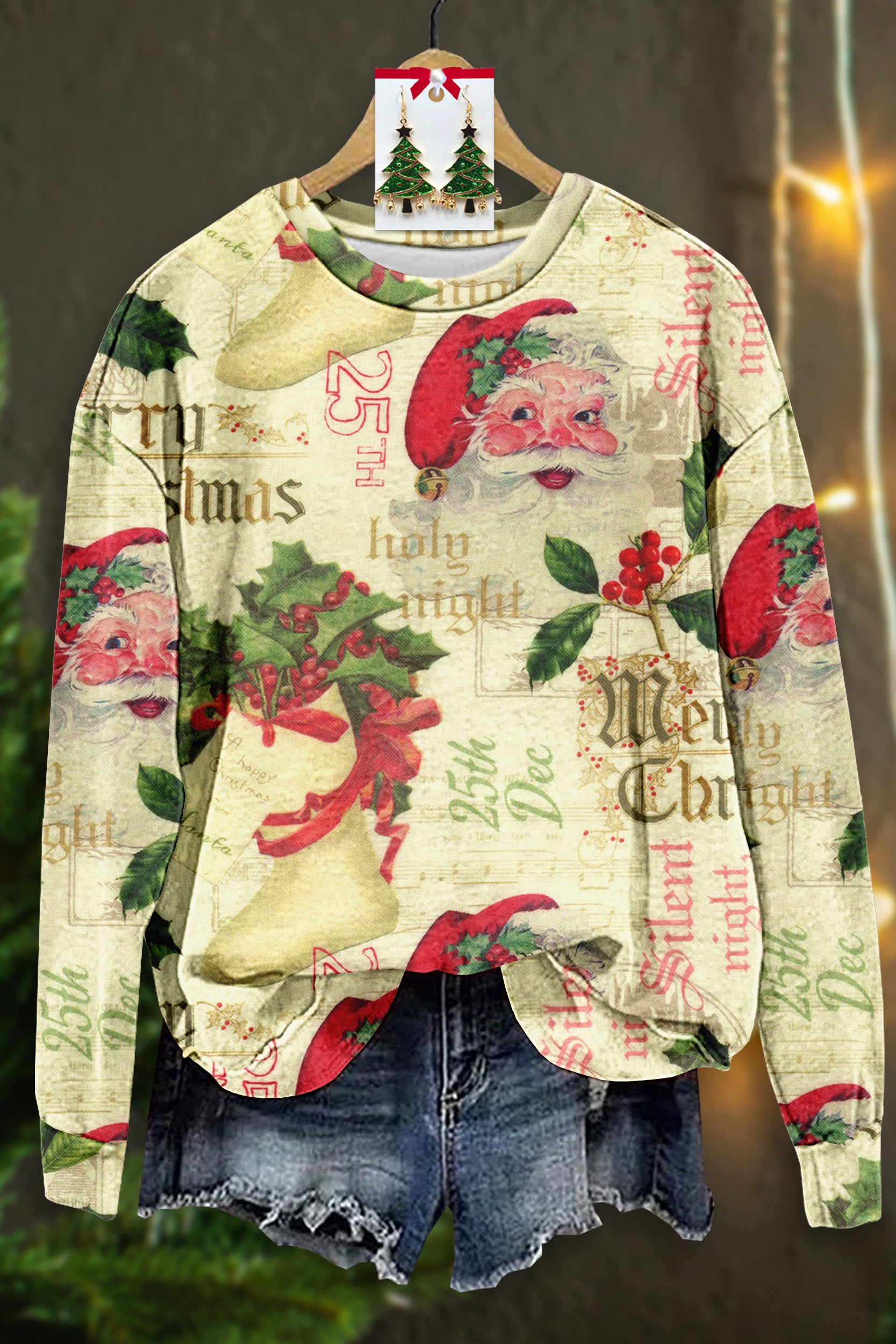 Vintage Christmas Santa Print Long Sleeve Top