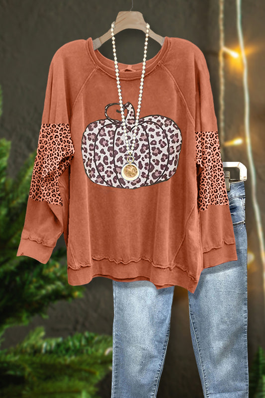 Classic Pumpkin Print Panel Leopard Sweatshirt